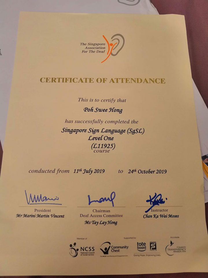Completing Singapore Sign Language (SgSL) Level 1 The Lifelong Learner